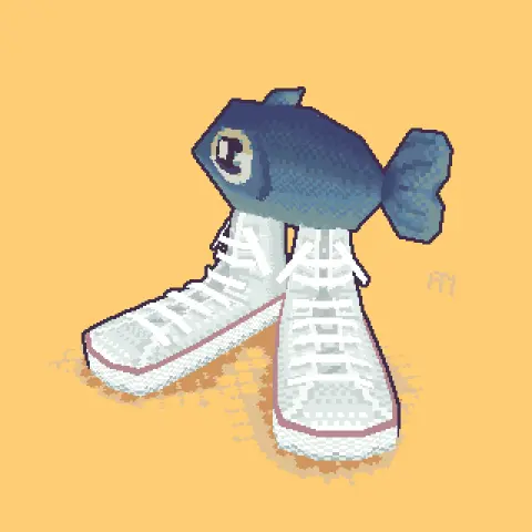 A Low Poly model featuring a fish wearing some shoes with a bright shine in their eyes. We don't know how they're wearing them but they're doing it.