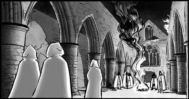 A group of cloaked figures stands in an ancient stone church, with arches and gothic architecture. In the center, a fire burns, sending a column of smoke upward. The scene is monochromatic, creating a dark and mysterious atmosphere.