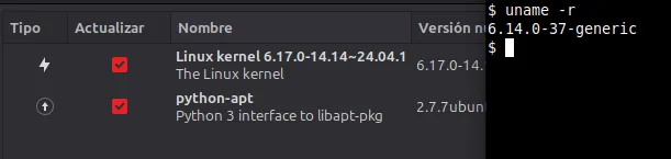 Upgrade tool Linux mint showing kernel upgrade and Linux Terminal showing sh shell current linux version 6.14.0-37-generic
