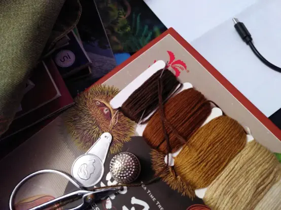 Photo en gros plan d'un bureau encombré, avec ciseaux, dé à coudre, et une série de bobines de fils bruns de différente teinte, le plus foncé étant le plus entamé.