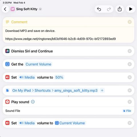 Screenshot of a device interface featuring a sequence for playing a sound titled "Sing Soft Kitty." It shows options to download an MP3, adjust media volume, and play a specific sound file from the device's shortcuts.