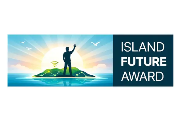 Logo des Zukunftswettbewerbs. Eine grüne Insel im Meer darauf steht ein Mensch mit einem hochgehalteten Arm. Daneben der Text "Island Future Award".