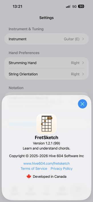 Screenshot: about sheet with a “developed in Canada“ beside a red Maple leaf