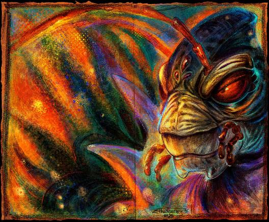 A colorful mixed media portrait of an anthropomorphic grasshopper character.