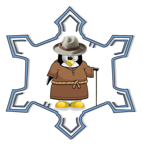 Il pinguino Linux vestito con saio, bastone e cappello Borsalino sullo sfondo la rappresentazione della Cittadella di Alessandria