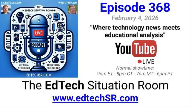 Promotional graphic for episode 368 of "The EdTech Situation Room" podcast, scheduled for February 4, 2026. The image features a central blue illustration of a microphone surrounded by icons representing artificial intelligence and educational technology, with the tagline "Where technology news meets educational analysis." Small profile photos of the hosts, associated with AICENTRIST.COM and WESFRYER.COM, appear at the top. The graphic includes a YouTube Live logo and lists showtimes across four time zones, starting at 9 p.m. ET, with the website edtechSR.com displayed prominently at the bottom.