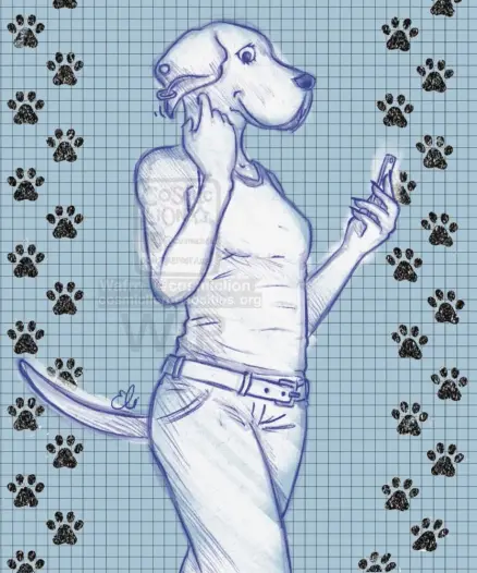 Digital skecth in blue tones of an anthropomorphic great dane woman, drawn from the knees up. She has an average build. She is wearing a muscle t-shirt and jeans with a belt. She has two piercings on her right ear. She is walking with confidence, holding her phone in her left hand, fixing her right ear with her right hand and smiling at the viewer. The background is light greyish blue (except behind the character, where it is white) with a grid pattern in black and black pawprints on each side.
