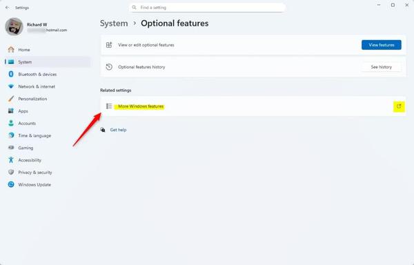 Optional features Windows 11 link