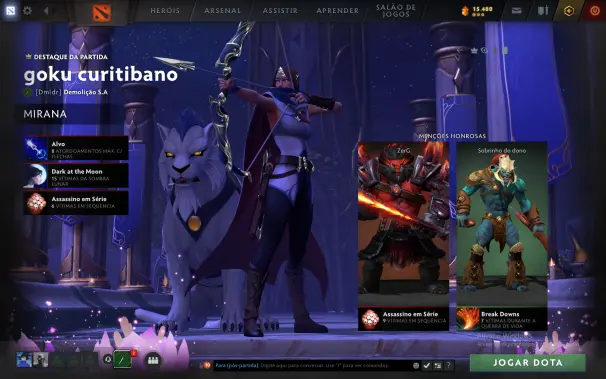 tela de destaque da partida de dota 2 com a minara em destaque (goku curitibano)  alem do huskar e axe como destaques secundarios