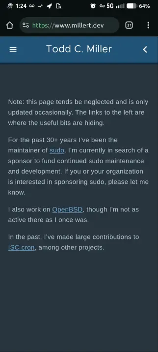 screen shot from an Android phone of the website of Sudo & openBSD developer Todd C Miller's website, where he is asking for help in continuing to maintain sudo