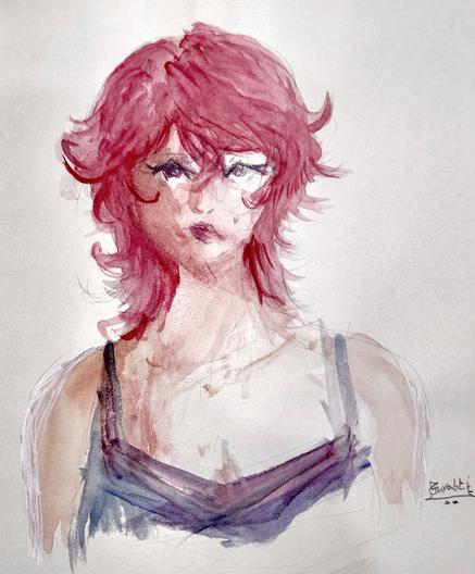 رسمة لميادة بالوان المياه و هو تنظر بشيئ من الاستعجاب و العضب