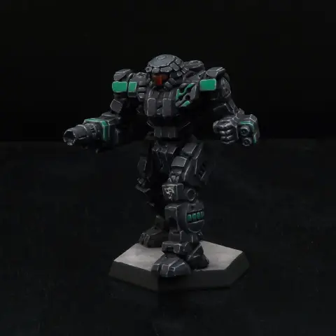 A painted miniature of a Victor 'Mech.  It is black with green highlights, and the cockpit glass is red.  The skull emblem of the Death Commandos is on the left knee.
