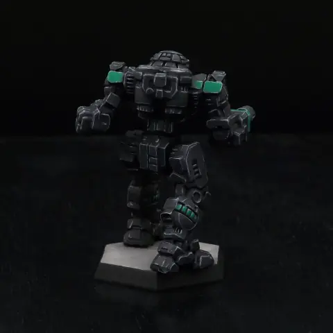 A rear view of a painted miniature of a Victor 'Mech.  It is black with green highlights.