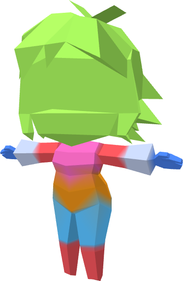 A low poly 3D model of a chibi with short spiky hair, showing the areas of the model with different colors, representing which vertices belong to each bone