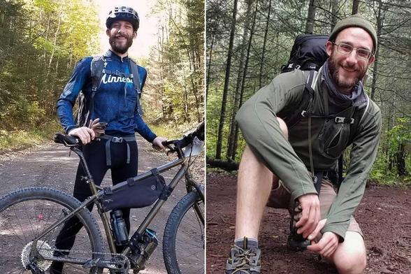 Links Alex Pretti, vor ihm sein Fahrrad im Wald auf Gravel. Rechts kniet Alex Pretti mit Rucksack im Wald. In beiden Bildern lächelt er uns freundlich an.