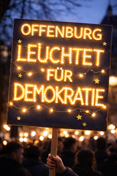 Eine Person hält während einer nächtlichen Versammlung ein mit gelben Lichtern beleuchtetes Schild mit der Aufschrift OFFENBURG LEUCHTET FÜR DEMOKRATIE, im Hintergrund sind unscharfe Menschen und Lichter zu sehen.