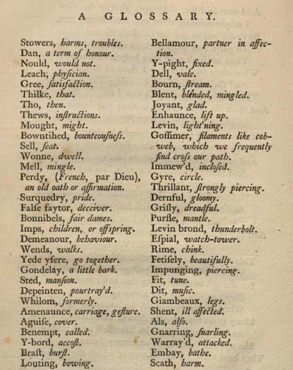 A GLOSSARY.
•	Stowers, harms, troubles.
•	Dan, a term of honour.
•	Nould, would not.
•	Leach, physician.
•	Gree, satisfaction.
•	Thilke, that.
•	Tho, then.
•	Thews, instructions.
•	Mought, might.
•	Bowntihed, bounteousness.
•	Sell, seat.
•	Wonne, dwell.
•	Mell, mingle.
•	Perdy, (French, par Dieu), an old oath or affirmation.
•	Surquedry, pride.
•	False faytor, deceiver.
•	Bonnibels, fair dames.
•	Imps, children, or offspring.
•	Demeanour, behaviour.
•	Wends, walks.
•	Yede yfere, go together.
•	Gondelay, a little bark.
•	Sted, mansion.
•	Depeinten, pourtray'd.
•	Whilom, formerly.
•	Amenaunce, carriage, gesture.
•	Aguise, cover.
•	Benempt, called.
•	Y-bord, accost.
•	Brast, burst.
•	Louting, bowing.
•	Bellamour, partner in affection.
•	Y-pight, fixed.
•	Dell, vale.
•	Bourn, stream.
•	Blent, blended, mingled.
•	Joyant, glad.
•	Enhaunce, lift up.
•	Levin, light'ning.
•	Gossimer, filaments like cobweb, which we frequently find cross our path.
•	Immew'd, inclosed.
•	Gyre, circle.
•	Thrillant, strongly piercing.
•	Dernful, gloomy.
•	Grisly, dreadful.
•	Purfle, mantle.
•	Levin brond, thunderbolt.
•	Espial, watch-tower.
•	Rime, chink.
•	Fetisely, beautifully.
•	Impunging, piercing.
•	Fit, tune.
•	Dit, music.
•	Giambeaux, legs.
•	Shent, ill affected.
•	Als, also.
•	Gnarring, snarling.
•	Warray'd, attacked.
•	Embay, bathe.
•	Scath, harm.
•	Page  31 Feare, wife. 
•	Bevy, company.
•	Teen, affliction.
•	Y-fere, together.
•	Tedes, torches.
•	Sheen, shine.
•	Forespent, tired out.
•	Adaw'd, t