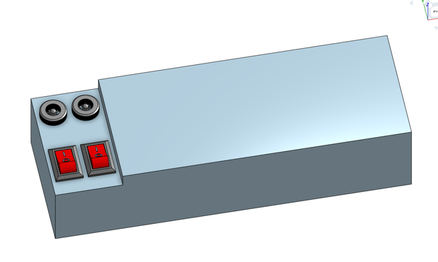 3D model of a standard power supply brick 107×46×30&nbsp;mm, with an extra bit extending on the left that measures 25×46&nbsp;mm and currently features two rocker switches and two 5.5&nbsp;mm barrel sockets.