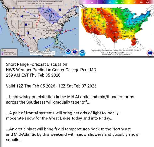 Valid 12Z Thu Feb 05 2026 - 12Z Sat Feb 07 2026

...Light wintry precipitation in the Mid-Atlantic and rain/thunderstorms
across the Southeast will gradually taper off...

...A pair of frontal systems will bring periods of light to locally
moderate snow for the Great Lakes today and into Friday...

...An arctic blast will bring frigid temperatures back to the Northeast
and Mid-Atlantic by this weekend with snow showers and possibly snow
squalls...