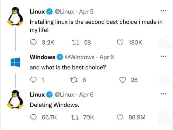 A humorous Twitter exchange where Linux jokes about installing it being the second best choice, with Windows asking for the best choice.