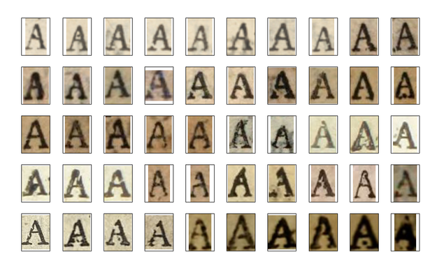 A grid of photos of lots of different capital As extracted from 17th century books.