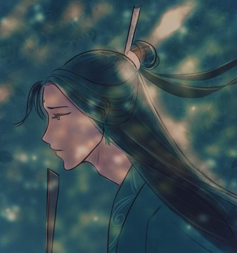 semi rendered sketch of shen qingqiu, side view, a solemn expression on his face, a closed folded fan visible just below his chin, there’s a cool soft green color palette with warm yellow speckles dotting the entire sketch, sort of as if sqq was standing under the shade of a dappled tree canopy