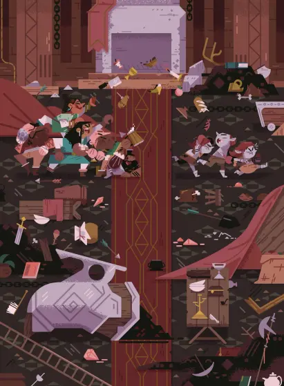 2023 (well, i dated the first i reposted that way and i guess thats when it was revealed so lets say that, really drawn in 2022) mtg commission for wilds of eldraine enchanting tales. 

in a feast hall, a group of dwarves launches a bombardment of tableware food and odds and ends at a band of fleeing redcaps. the feast halls curtains, great lanterns,  and tables are in disarray.