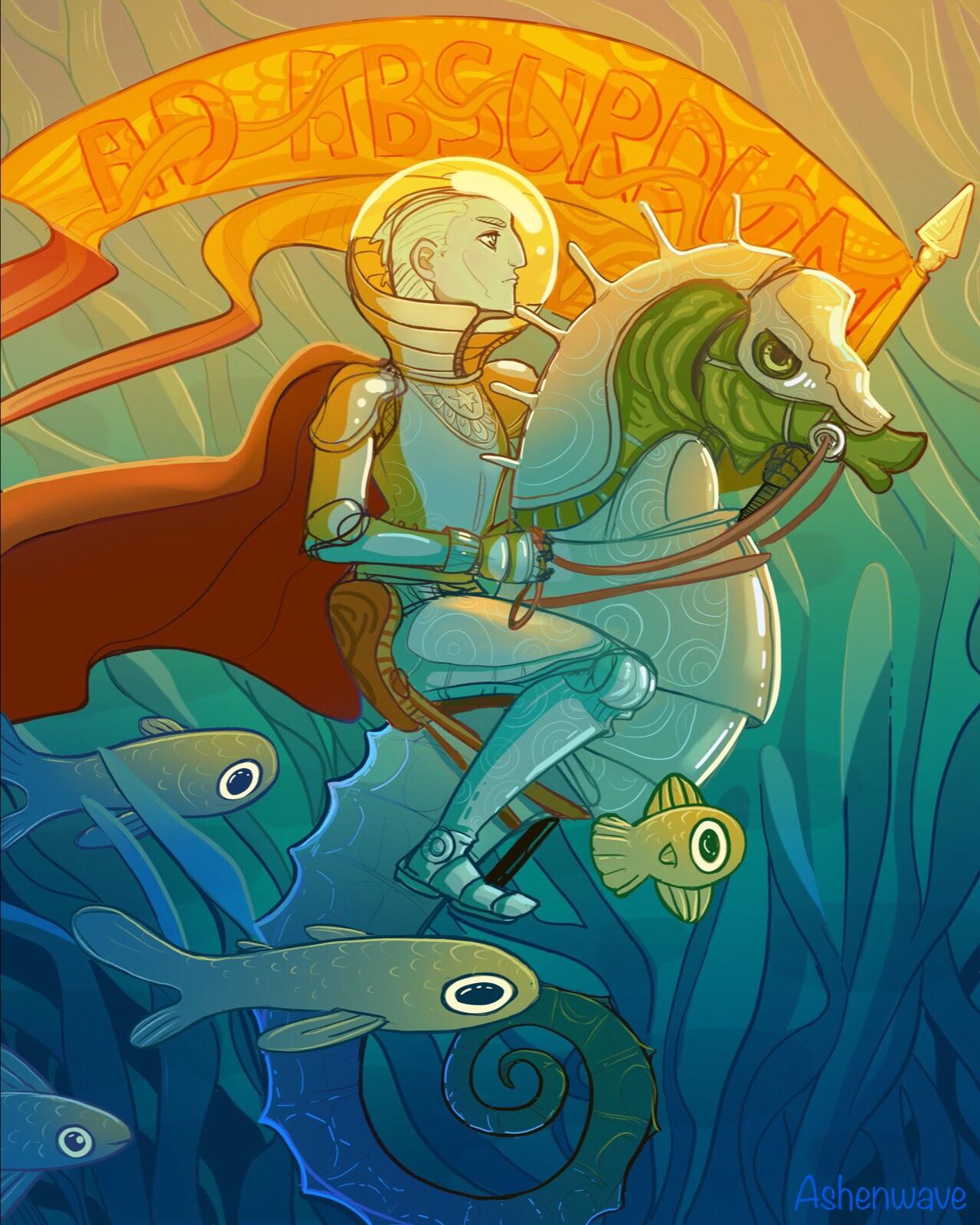 Colorful illustration of an armored knight riding on a giant sea horse (armored as well), surrounded by the kelp forest and swimming fish. He’s holding a banner where we can read ‘Ad absurdum’.