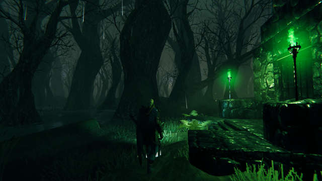 A screen shot of Valheim. The main character stands in a dark swamp. At the right side, there is the entrance to a sunken crypt.