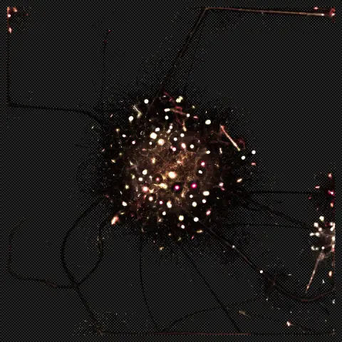 Code generated image with a dark checkered background covering most of the image, some bright particle clusters with warm colors and some black trails from the movement of the particles.