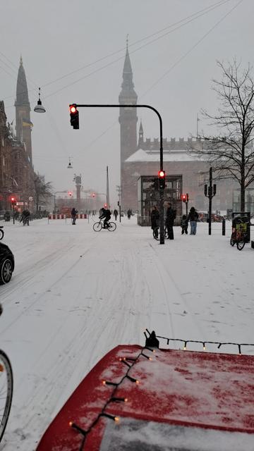Winter landscape above cargo bike on Copenhagen Rådhuspladsen
