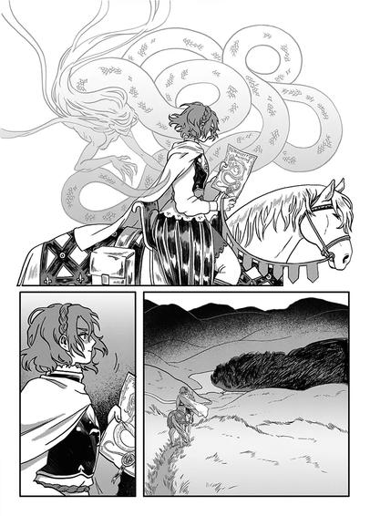 Page du roman graphique Medieval Girlfriends, par Juliette Cousin : on voit une chevaleresse avancer à travers la plaine sur son cheval