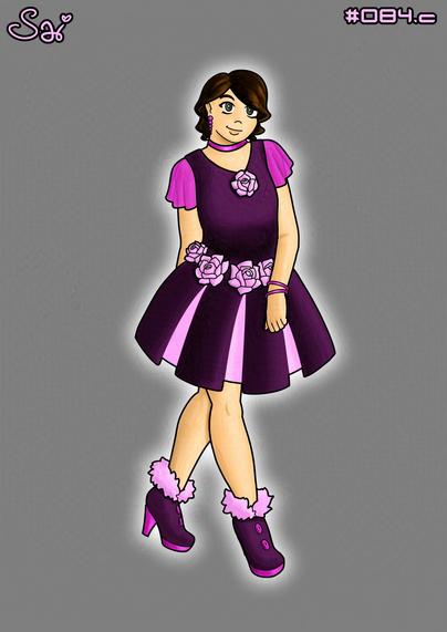 Snoring Beauty, Outfit 84, Variant C - On the last outfit, this one is a formal-looking dress, perhaps for some fancy event, in a mainly dark pink shade, with a v-neck bodice, sheer hot pink ruffly short sleeves, a bell shaped skirt with pale pink inner peeks and a matching set of roses around his waist and on the end of the v-neck. He also has a pair of dark pink high heeled ankle boots, with pale pink fur on top and hot pink puttons, a matching hot pink choker, pearl chain earrings and a pair of bangles on his left wrist. His hair is still short-ish, combed into elegant waves. 

No, nothing on his right hand this time, it isn't visible!

Fun fact: I really didn't see this design on the dream! But since I got it a little bit later, with no real story behind it and the colours matched, I adopted it!