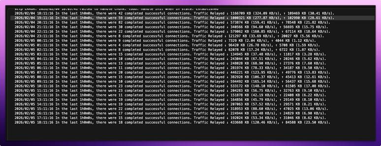 === Overall summary ===
Total Hours: 25
Total Connections: 525
Avg Connections Per Hour: 21.0
Total Down Kb: 8710129
Total Up Kb: 1059453
Avg Down Kb Per Hour: 348405.16
Avg Up Kb Per Hour: 42378.12

=== Daily breakdown ===
           connections             down_kb                  up_kb              
                   sum       mean      sum           mean     sum          mean
timestamp                                                                      
2026-02-04         243  40.500000  3781829  630304.833333  434843  72473.833333
2026-02-05         282  14.842105  4928300  259384.210526  624610  32874.210526