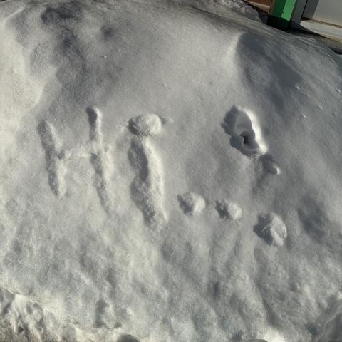 Writing in snow that says "Hi..!"