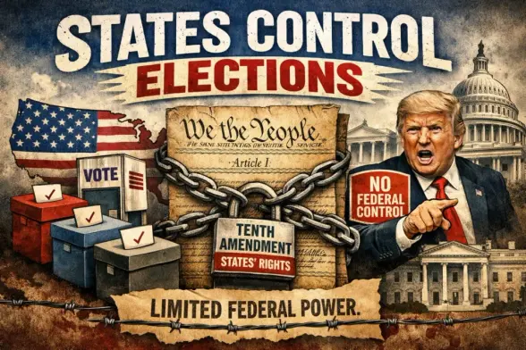 states control elections illustrated by the U.S. Constitution restricting federal authority over voting, with ballot boxes, state symbolism, and limited executive power