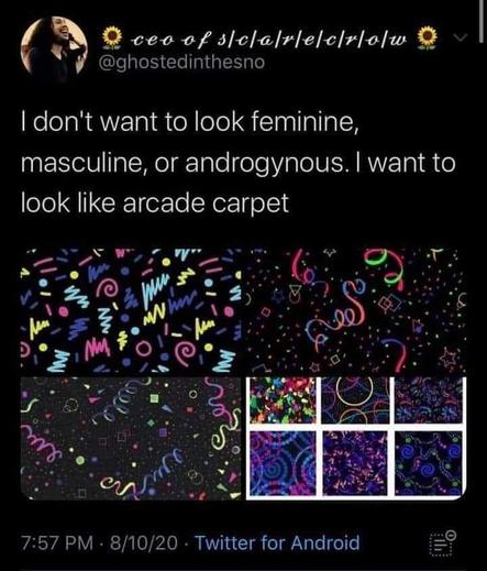 ceo of scarecro/w

@ghostedinthesno

I don't want to look feminine, masculine, or androgynous. I want to look like arcade carpet

ト

W

1

VW Σ

10

)

محمدس

DO

MW

7:57 PM 8/10/20 Twitter for Android