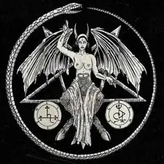 A low-res artistic depiction of a feminine figure with woman torso (and breasts) and arms, Baphomet-like phallus with coiled serpents (Asclepius/Caduceus), goat legs and feet/paws, wide bat-like wings, tall and sharp horns, sitting on a triangular enclosure with a partially-covering fabric cascading from her lap as she raises her right hand while her left hand points to the side). Her depiction is encircled by an Ouroboros. Next to her goat-like legs, two different Goetia-like circular sigils: leftmost is Sigil of Lilith and the rightmost is likely the Sigil of Samael. Her expression is one of empowerment. 

Also found on Google Images, being the thumbnail preview (and it's likely from some platform, such as Facebook, where I couldn't access the original picture)