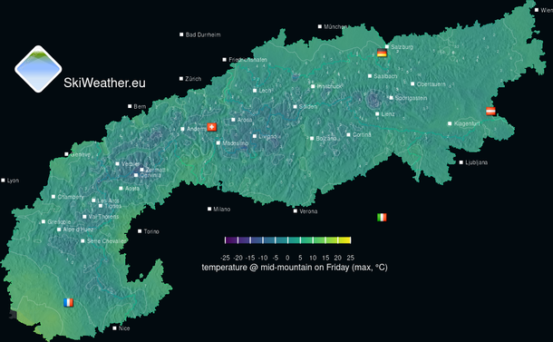 Daily high temperatures across the Alps for 2026-02-06 (°C).
