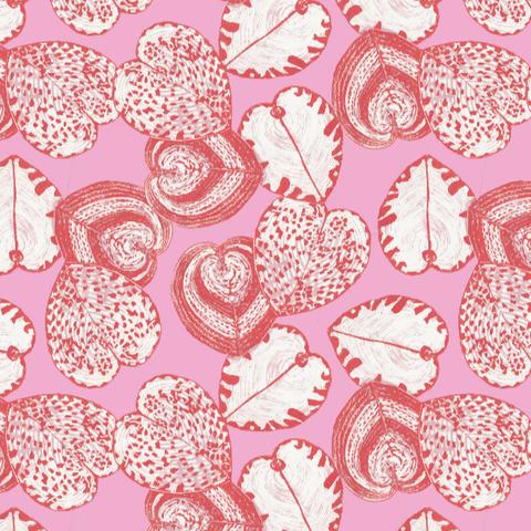 As described this is a mollusc themed repeat pattern featuring three of my linocut heart cockles (Corculum cardissa), in various patterns of pink and coral on white, spread randomly and overlapping on a pink background.