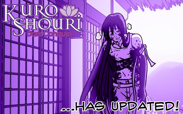 A purple image of one of the protagonists, Yasha, covered in blood and slowly pulling the purple ribbon off her left arm. She looks exhausted. The text reads, "Kuro Shouri has updated!"