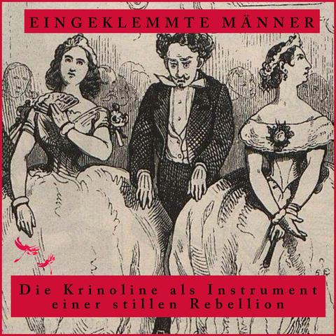 Karikatur: Mann eingeklemmt zwischen 2 Frauen mit ausladenden Reifröcken