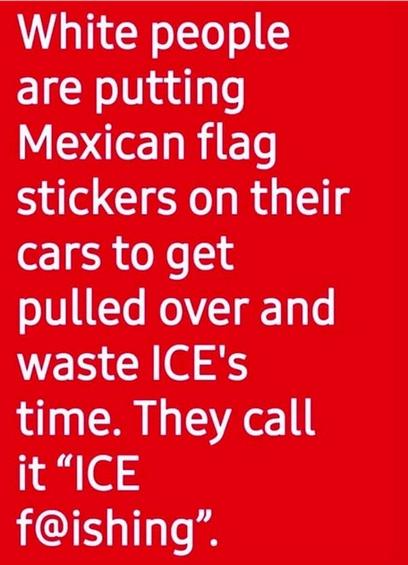 The screenshot reads:
"White people are putting Mexican flag stickers on their cars to get pulled over and waste ICE's time. They call it 'ICE f@ishing.'"