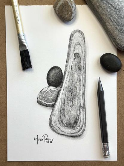 A drawing of three rocks, two small and one narrow and long