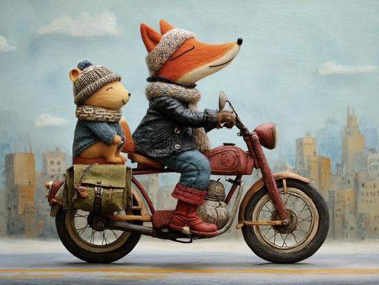 KI-Bild (Midjourney):

Fritzefuchs auf seinem Motorrad, diesmal mit Hamster Holly hinten drauf. Beide genießen die Fahrt, auch wenns kalt ist!