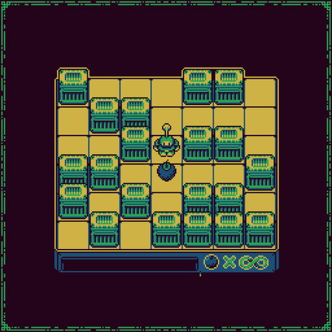 bomberman at the center a bunch of boxes around scattered and intact and a big bomb infront of the bomberman, an icon of bomb and an X sign next to it then an infinite sign at the bottom right corner