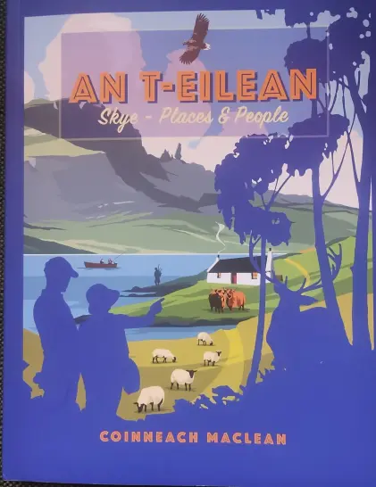 Cover to Skye - People and Places, a Scottish rural scene of loch and mountains, a white painted croft in the distance, in the foreground purple coloured silhouettes of a man and woman on the left and a stag on the right, observing the scene
