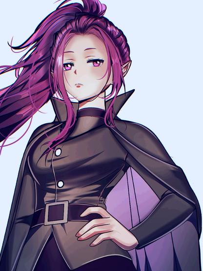 A digital painting of a confident elf woman with long magenta hair in a high ponytail. She has pointed ears and purple eyes, wearing a dark, high-collared military-style coat with a belt. She has a serious, commanding expression.