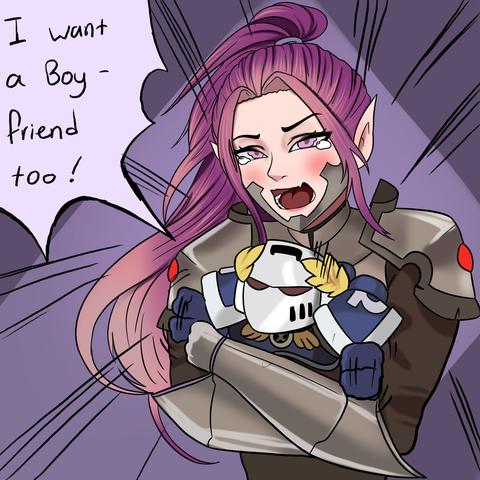 The same magenta-haired elf character in armor, but now she is crying comically with a speech bubble saying "I want a Boyfriend too!". She is hugging a small Space Marine plushie tightly. The background has dramatic speed lines to emphasize her emotional outburst.