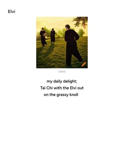 A.I. image generated from haiku text of human figures in black attire out on a green expanse craiyon.com

Text:

my daily delight;
Tai Chi with the Elvi out
on the grassy knoll  

https://haikudread.net/2026/02/06/elvi/